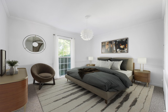 1144 N Warwick Rd, Muncie, IN 47304 - carpeted bedroom with ornamental molding and a chandelier