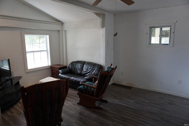 1628 E Division St, Evansville, IN 47711 - living area featuring a ceiling fan, wood finished floors, healthy amount of natural light, and vaulted ceiling