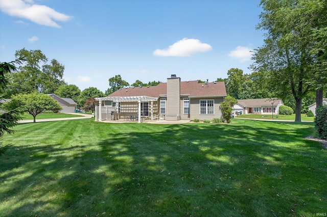 55359 Falling Water Dr, Elkhart, IN 46514 - rear view of house with a pergola, a patio area, a lawn, and a chimney