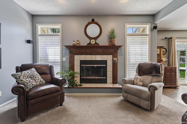 55359 Falling Water Dr, Elkhart, IN 46514 - carpeted living area featuring a textured ceiling and a tiled fireplace