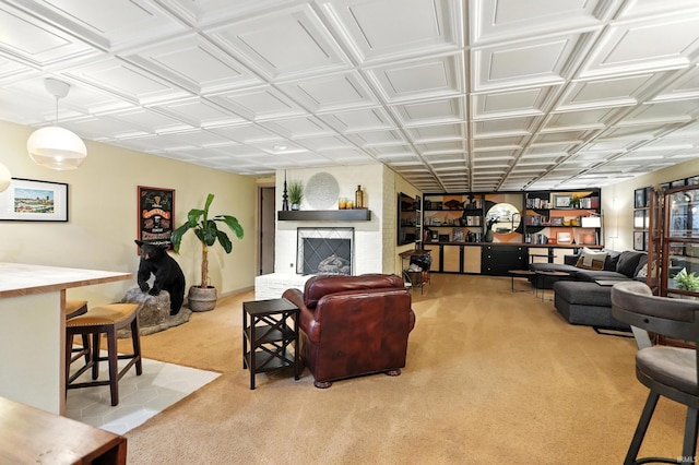 6756 Covington Creek Trl, Fort Wayne, IN 46804 - carpeted living room with an ornate ceiling and a brick fireplace