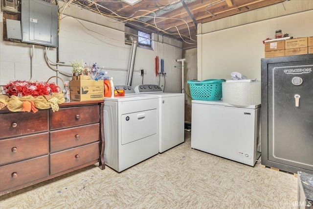 2607 Meadow Lark Ln, Evansville, IN 47720 - laundry room with independent washer and dryer, light floors, concrete block wall, and electric panel