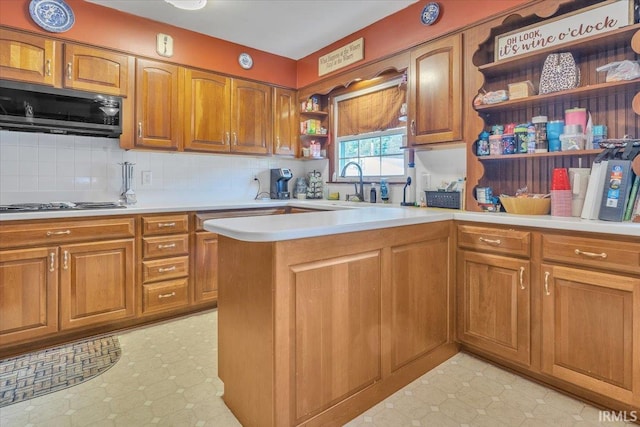 2607 Meadow Lark Ln, Evansville, IN 47720 - kitchen with open shelves, brown cabinetry, light countertops, decorative backsplash, and stainless steel gas stovetop