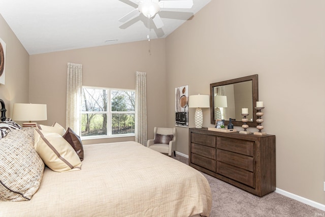 2057 Abbey Ln, Columbus, IN 47201 - bedroom featuring carpet, high vaulted ceiling, and a ceiling fan
