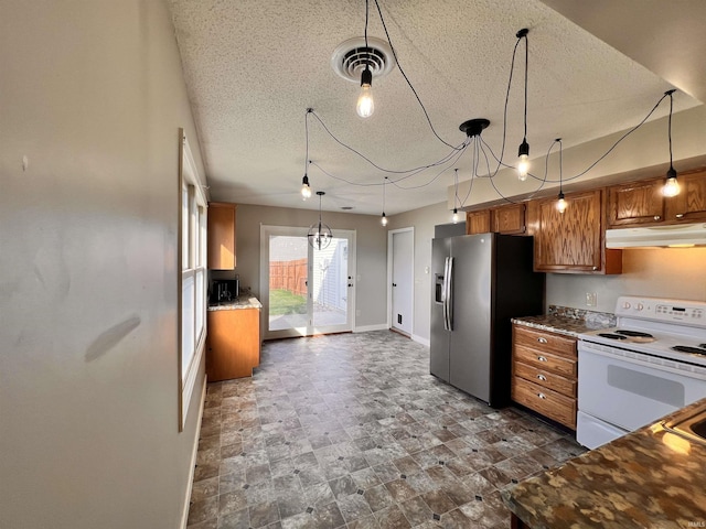 3563 County Road 40a, Auburn, IN 46706 - kitchen featuring white electric range oven, under cabinet range hood, stainless steel fridge with ice dispenser, brown cabinets, and a textured ceiling