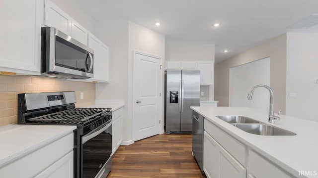 5103 Buffay Ct, New Haven, IN 46774 - kitchen with stainless steel appliances, dark wood-style flooring, white cabinetry, recessed lighting, and tasteful backsplash