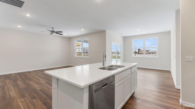 5103 Buffay Ct, New Haven, IN 46774 - kitchen featuring stainless steel dishwasher, open floor plan, dark wood finished floors, recessed lighting, and a kitchen island with sink