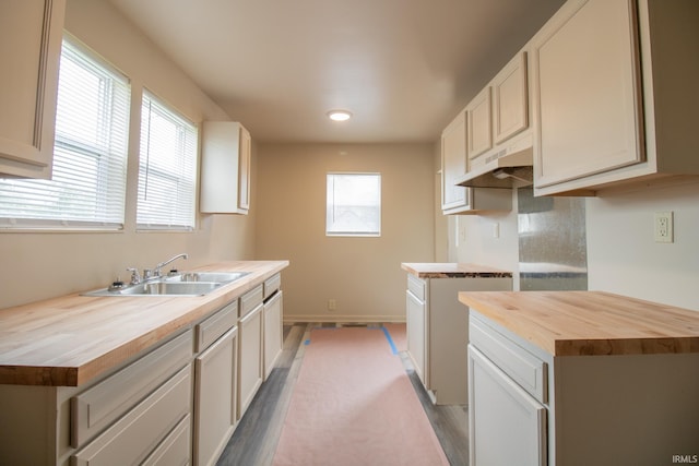 1210 W Hickory St, Union City, IN 47390 - kitchen with butcher block counters, under cabinet range hood, wood finished floors, and recessed lighting