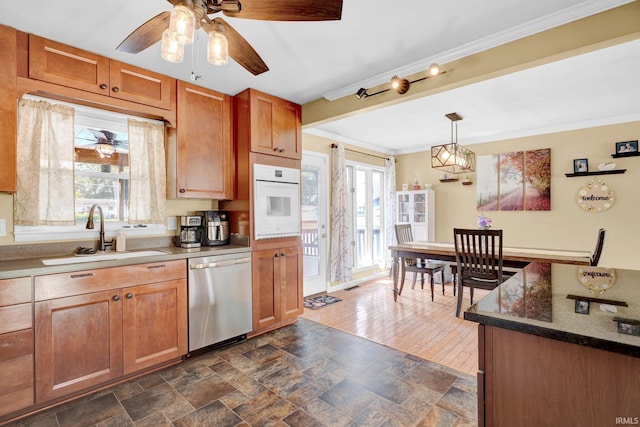 1803 Linwood Dr, Bedford, IN 47421 - kitchen featuring dishwasher, oven, ornamental molding, ceiling fan, and decorative light fixtures