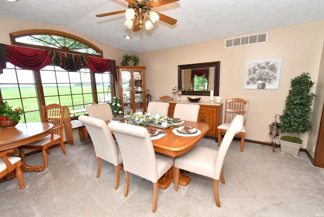 805 S James Ave, Fowler, IN 47944 - dining space with light colored carpet, lofted ceiling, a ceiling fan, and a textured ceiling