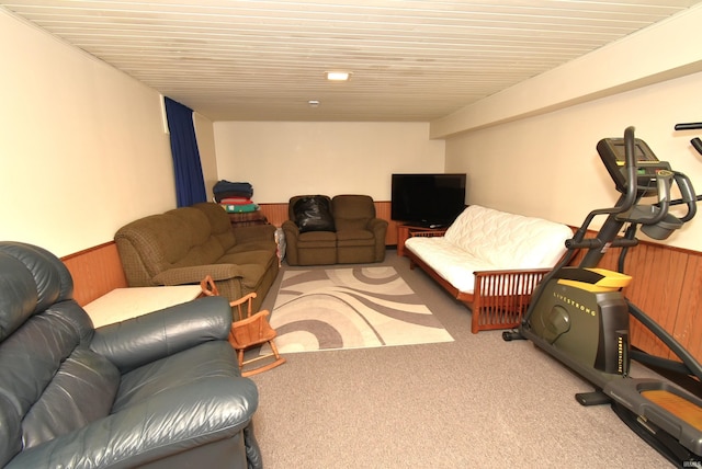 805 S James Ave, Fowler, IN 47944 - living room with a wainscoted wall, wooden walls, and carpet flooring