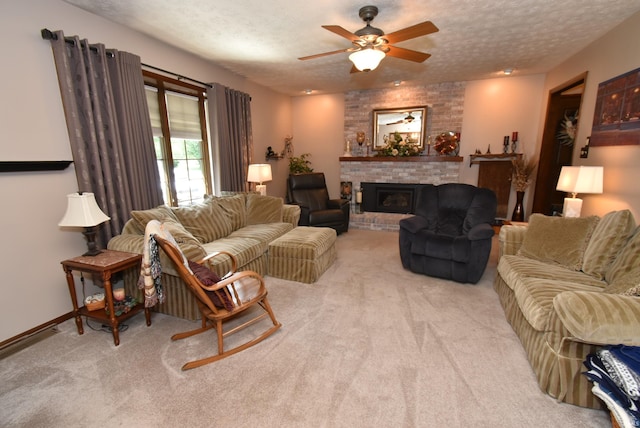 805 S James Ave, Fowler, IN 47944 - living area featuring light carpet, a brick fireplace, ceiling fan, and a textured ceiling