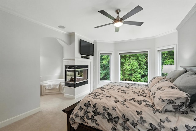 118 Royal Crest Dr, Fort Wayne, IN 46814 - bedroom with carpet floors, ornamental molding, a multi sided fireplace, and ceiling fan