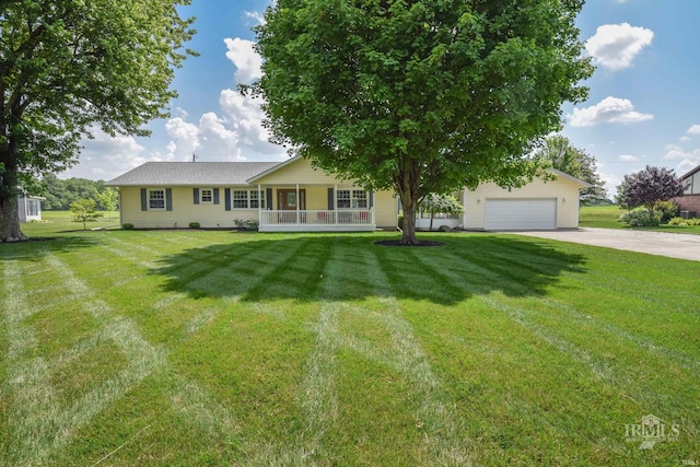 475 Gillcrest Dr, Albany, IN 47320 - single story home with concrete driveway, a porch, a front lawn, and a garage