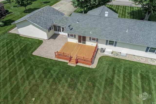 475 Gillcrest Dr, Albany, IN 47320 - rear view of property with a patio area, roof with shingles, a lawn, and a deck