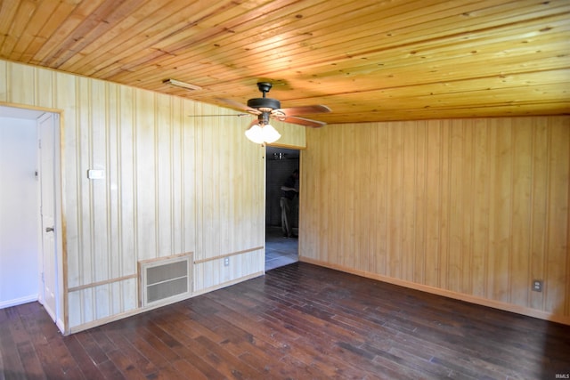 2625 S Ruston Ave, Evansville, IN 47714 - unfurnished room with ceiling fan, dark wood-style floors, wooden ceiling, and wooden walls