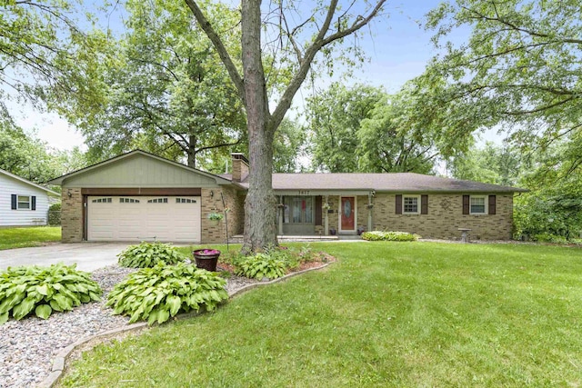3617 Kirkfield Dr, Fort Wayne, IN 46815 - ranch-style house featuring brick siding, a front yard, an attached garage, a chimney, and driveway