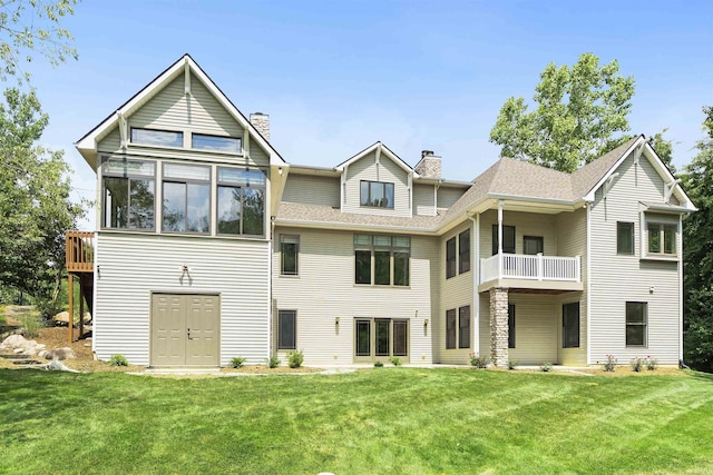 14527 Egrets Ct, Fort Wayne, IN 46814 - back of house featuring a chimney, a yard, a balcony, and a sunroom