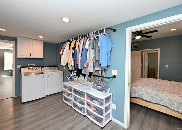 418 W 7th St, Rochester, IN 46975 - washroom featuring cabinet space, washer and dryer, wood finished floors, ceiling fan, and recessed lighting