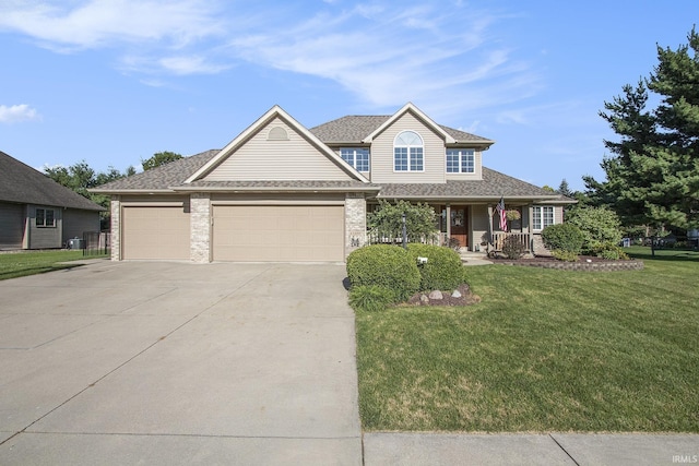 57329 Orchard Ridge Dr, Elkhart, IN 46516 - view of front of house featuring an attached garage, concrete driveway, a front yard, a porch, and roof with shingles