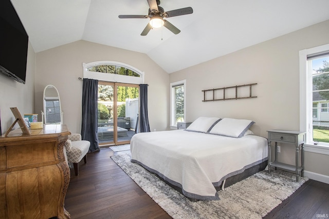 57329 Orchard Ridge Dr, Elkhart, IN 46516 - bedroom featuring access to exterior, lofted ceiling, dark wood-type flooring, and a ceiling fan
