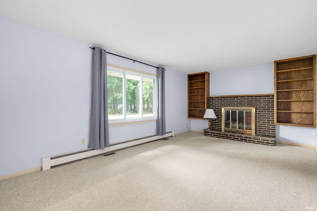 26247 Douglas Ave, Elkhart, IN 46514 - unfurnished living room featuring a baseboard heating unit, carpet, and a fireplace