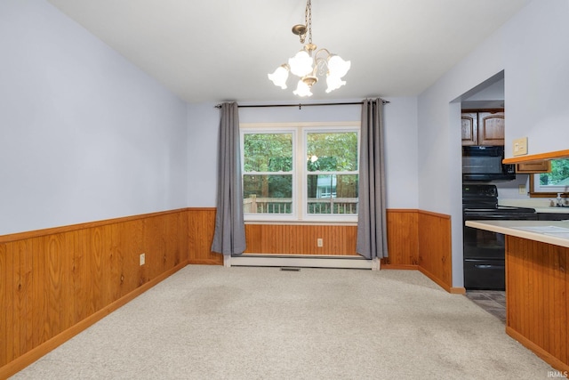 26247 Douglas Ave, Elkhart, IN 46514 - unfurnished dining area featuring wainscoting, wooden walls, a chandelier, and light carpet