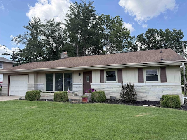 1417 E Clairmont Pl, Bloomington, IN 47401 - ranch-style home with stone siding, an attached garage, a front yard, and a chimney