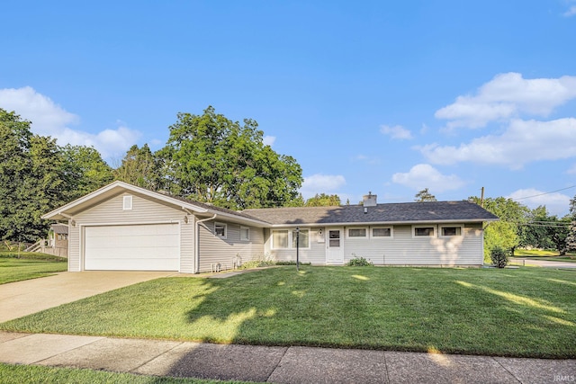 3303 Hilltop Dr, South Bend, IN 46614 - ranch-style house with an attached garage, a front lawn, driveway, and a chimney