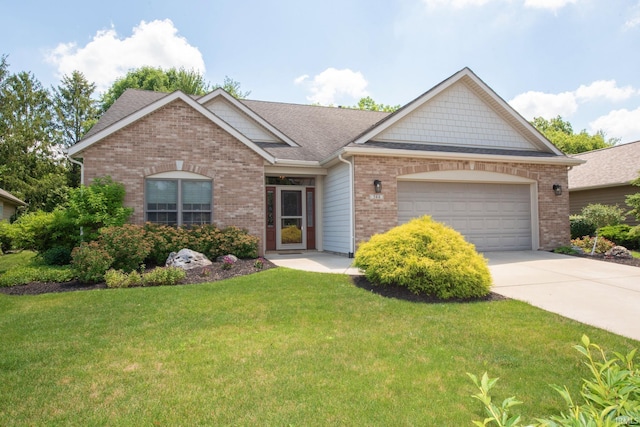 344 Rosebank Ln, West Lafayette, IN 47906 - view of front facade with brick siding, an attached garage, a front lawn, driveway, and roof with shingles