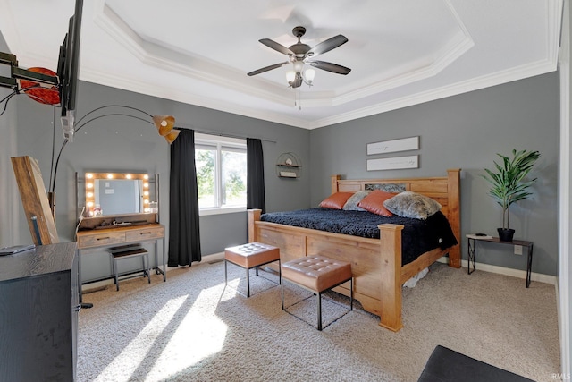 1669 E Brookside Trl, Columbia City, IN 46725 - bedroom featuring a tray ceiling, ornamental molding, carpet, and a ceiling fan