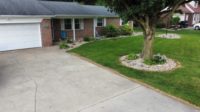 6970 S Maple St, Marion, IN 46953 - ranch-style home with driveway, a garage, brick siding, a front lawn, and a shingled roof