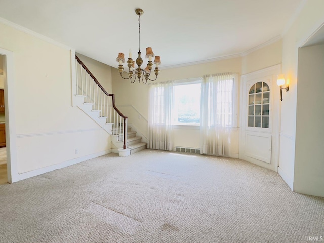 1028 N Wabash Ave, Marion, IN 46952 - unfurnished living room featuring stairway, carpet floors, ornamental molding, and a chandelier