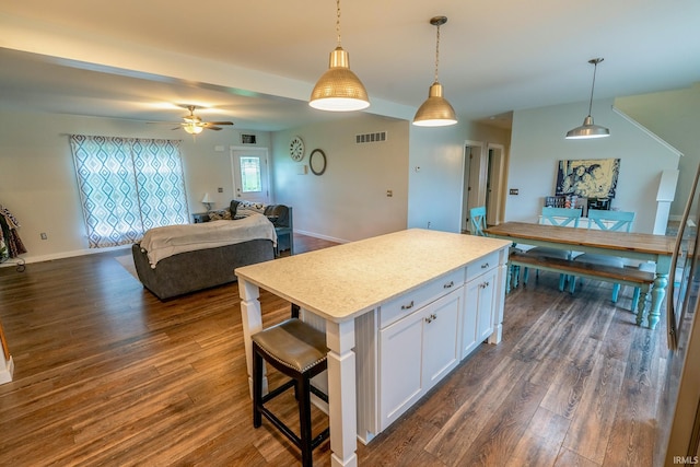 4555 E State Road 66, Cannelton, IN 47520 - kitchen featuring open floor plan, white cabinetry, dark wood-style floors, and hanging light fixtures