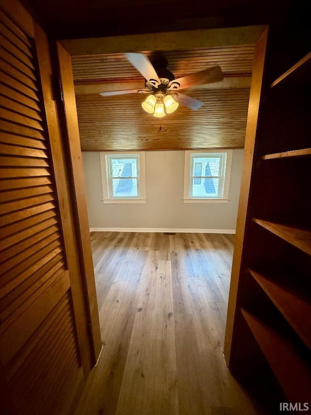 1228 N Main St, Kewanna, IN 46939 - empty room with wood ceiling, healthy amount of natural light, wood finished floors, and ceiling fan