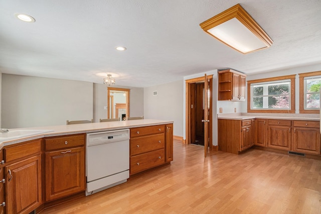 134 Marshall Blvd, Elkhart, IN 46516 - kitchen featuring dishwasher, light wood-type flooring, brown cabinetry, open shelves, and recessed lighting