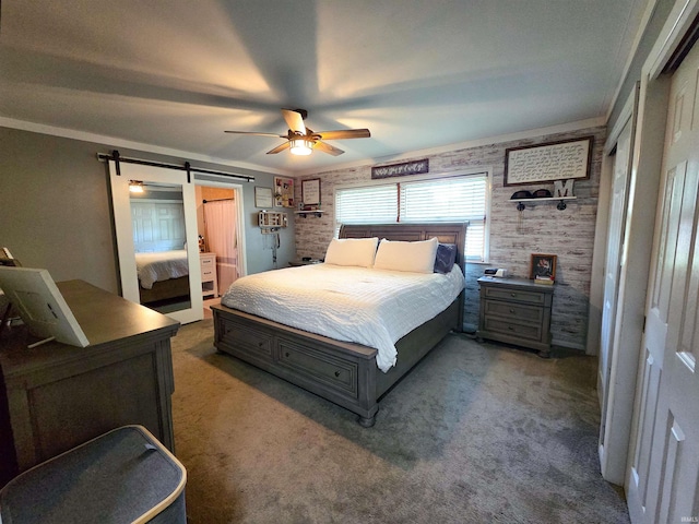 106 N Park Ave, Fowler, IN 47944 - carpeted bedroom featuring a barn door, ornamental molding, ceiling fan, and ensuite bath