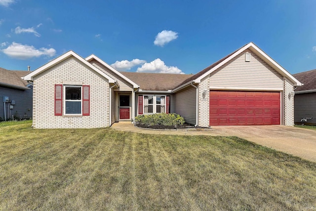 209 N Wilmington Ln, Lafayette, IN 47905 - ranch-style home with brick siding, a garage, a front lawn, concrete driveway, and roof with shingles