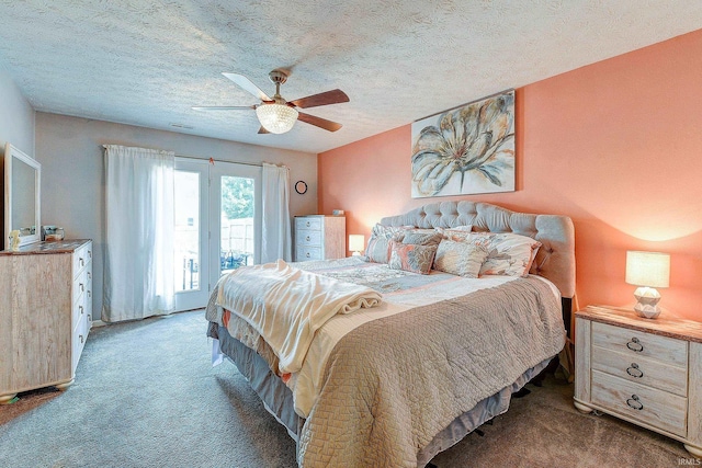209 N Wilmington Ln, Lafayette, IN 47905 - bedroom with carpet flooring, access to outside, ceiling fan, and a textured ceiling