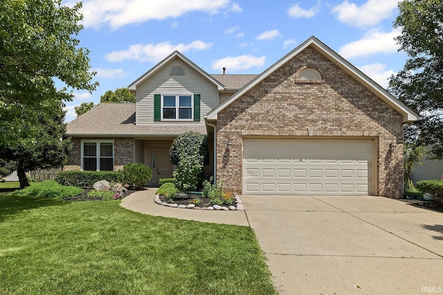 1709 Stonegate Cir, Lafayette, IN 47909 - traditional home featuring brick siding, driveway, a front yard, a garage, and a shingled roof