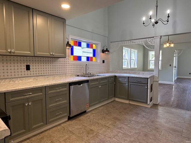 712 N Lindsay St, Kokomo, IN 46901 - kitchen with dishwasher, a chandelier, tasteful backsplash, gray cabinetry, and a towering ceiling