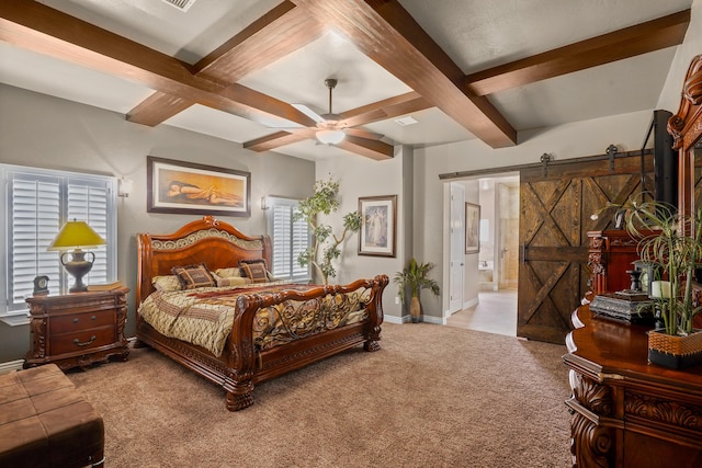 2425 Cesar Cordova Pl, El Paso, TX 79938 - carpeted bedroom featuring beamed ceiling, ceiling fan, coffered ceiling, ensuite bath, and a barn door