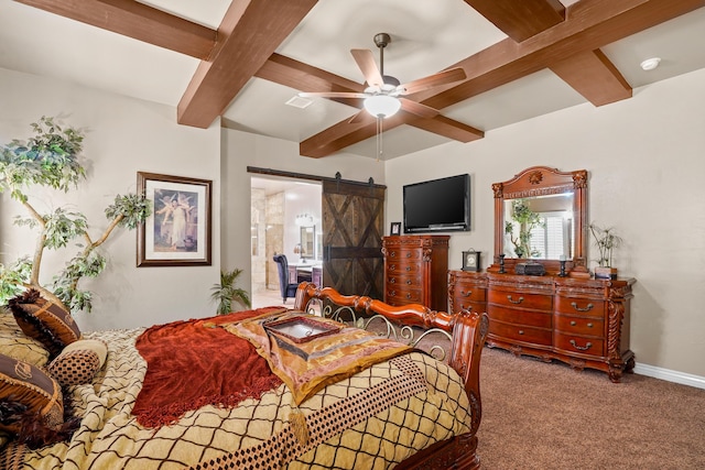 2425 Cesar Cordova Pl, El Paso, TX 79938 - bedroom featuring a barn door, beam ceiling, dark colored carpet, and ceiling fan