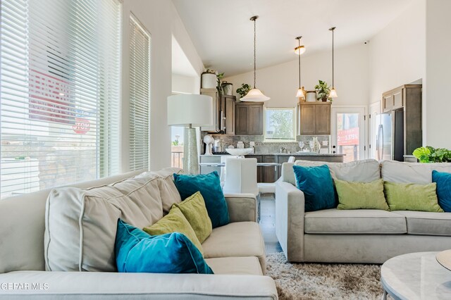 living room with high vaulted ceiling and plenty of natural light