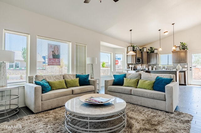 living room featuring lofted ceiling, wood finished floors, and a ceiling fan