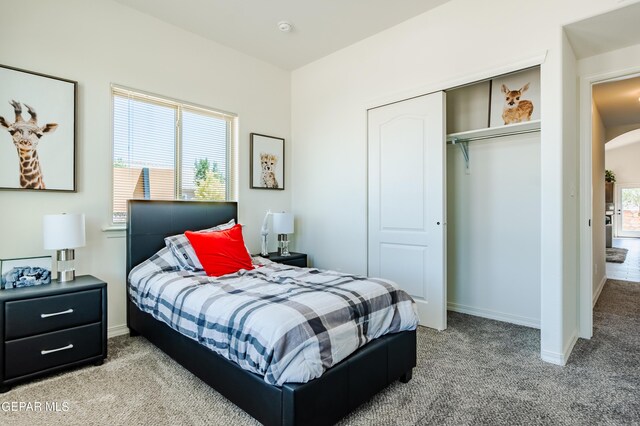 carpeted bedroom featuring multiple windows and a closet