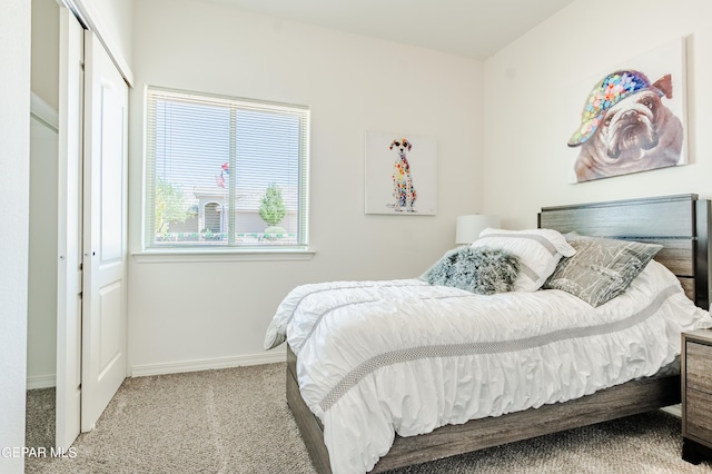 bedroom featuring carpet flooring, baseboards, and a closet