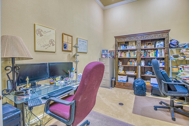 home office with crown molding and light colored carpet