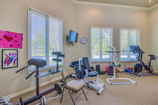 exercise room featuring carpet floors and ornamental molding