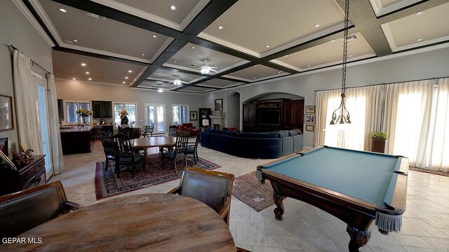 game room featuring coffered ceiling, pool table, ceiling fan, light tile floors, and beam ceiling